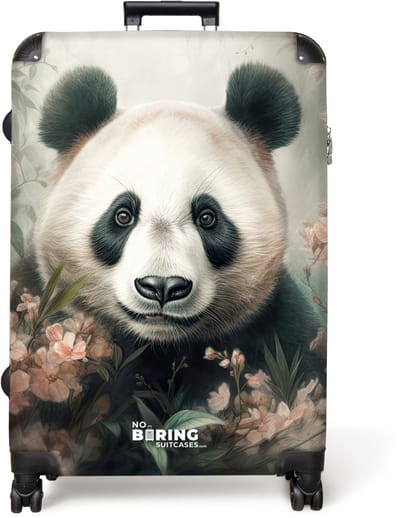 NoBoringSuitcases.com® - Koffer groot - Reiskoffer lichtgewicht - Zwart-witte panda verstopt achter roze bloemen - Rolkoffer met 4 wielen - Grote trolley XL - 98 liter bagage