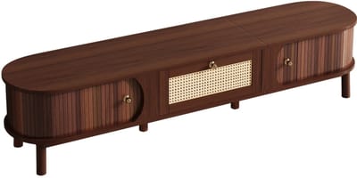 TV-Meubel - Lowboard Met Massief Houten Deuren En Rattan Lades - Natuurlijke Opberging - Hout - Naturel