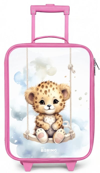 NoBoringSuitcases.com® - Kinderkoffer roze - Kindertrolley meisje - Cheeta welpje op een schommel in de wolken - Koffer kind lichtgewicht - Reiskoffer trolley voor kinderen - Koffertje met lichtgevende wieltjes - Rolkoffer