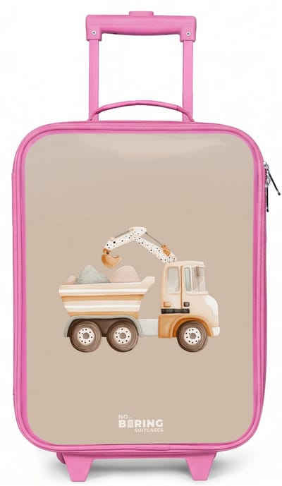 NoBoringSuitcases.com® - Kinderkoffer roze - Kindertrolley meisje - Gele kiepwagen in neutrale kleuren - Koffer kind lichtgewicht - Reiskoffer trolley voor kinderen - Koffertje met lichtgevende wieltjes - Rolkoffer