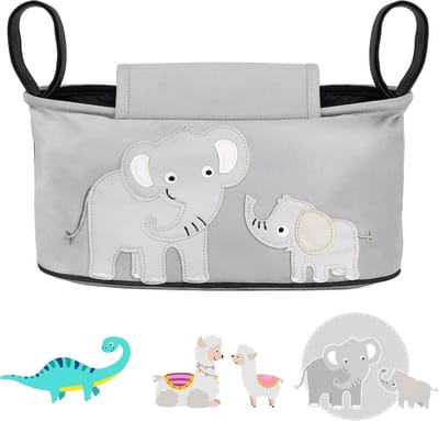 GLÜCKSWOLKE Kinderwagen Organizer - 12 Motieven I Kinder Buggy Tas I Kinderwagentas met Disposer van vochtige doekjes I Wandelwagen Opbergtas Baby Stroller Pram I Kinderwagentasche - Olifant (Grijs)