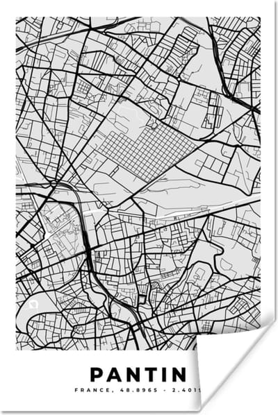Poster Kaart - Stadskaart - Frankrijk - Pantin - Plattegrond - 120x180 cm XXL