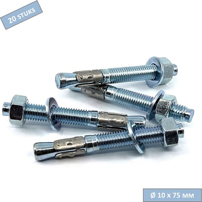 UFAST keilbout M10 x 75 mm - Doorsteekmontage - Moer + sluitring - Verzinkt - 20 stuks