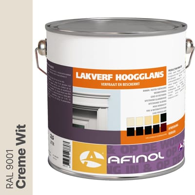 Afinol Hoogglans Lakverf Creme Wit (RAL 9001) 2,5 liter - Lak - Houtlak - Houtverf - Voor Binnen en Buiten - geschikt voor hout, metaal en kunststof