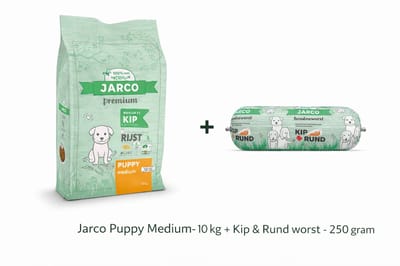 Jarco Dog Natural Medium Puppy Kip - Hondenvoer – 10 kg 11-25 Kg + Kip & Rund worst 250 gram