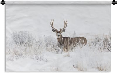 Wandkleed - Wanddoek - Hert - Winter - Sneeuw - Dieren - Seizoenen - Wit - 60x40 cm - Wandtapijt