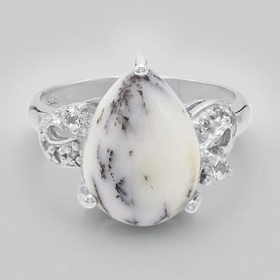 Cavill - Zilveren Dendrieten Agaat Ring - 925 Sterling Zilver - 3,76 ct Peervorm Cabochon & 3,9 ct Witte Topaas - Elegante Damesring Maat 17