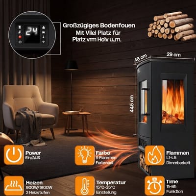 Elektrische Haard met Wifi & Afstandsbediening – Casa Velluto Firenze Smart Sfeerhaard 900W/1800W – 9 LED Vlamkleuren – Vrijstaand – Thermostaat & Timer – Zwart – 74,5 cm