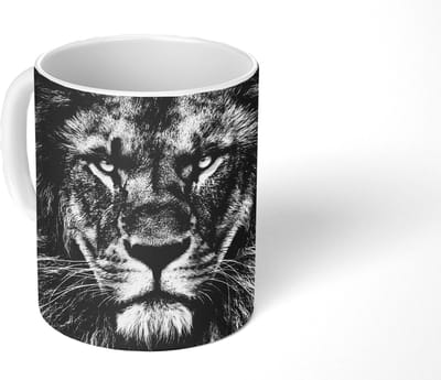 Mok - Koffiemok - Dieren - Leeuw - Zwart - Wit - Portret - Mokken - 350 ML - Beker - Koffiemokken - Theemok