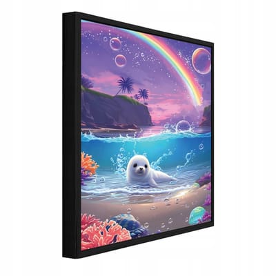 WALLARENA - Schilderij op canvas in zwarte lijst - 100x70 cm - zeehond met regenboog - kinderkamer wanddecoratie en meisjeskamer decoratie