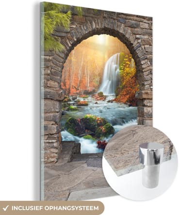 MuchoWow® Glasschilderij 30x40 cm - Schilderij acrylglas - Doorkijk - Waterval - Herfst - Landschap - Foto op glas - Schilderijen