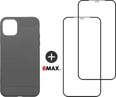 BMAX Telefoonhoesje geschikt voor iPhone 12 - Carbon softcase hoesje grijs - Met 2 screenprotectors full cover