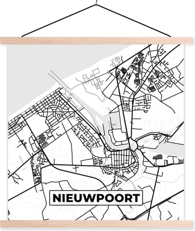 Posterhanger incl. Poster 40x40 cm - Schoolplaat - Stadskaart – Zwart Wit - Kaart – Nieuwpoort – België – Plattegrond - Textielposter - Blanke latten - Stadskaart