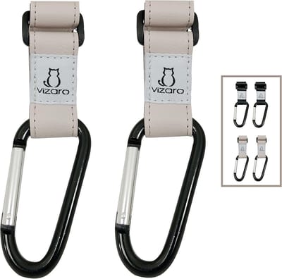 Kinderwagen Haken - Wandelwagen Clips - Tassen Ophangen - Sterke Kunstleren Band - Tot 15 kg - Wit Kunstleer