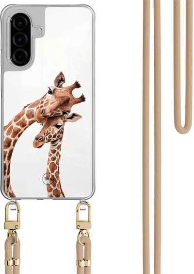 Telefoonhoesje met koord geschikt voor Samsung A56 - Giraffen - Inclusief Beige koord - Transparant, Bruin - Print - Crossbody beschermhoes - Met Telefoonketting