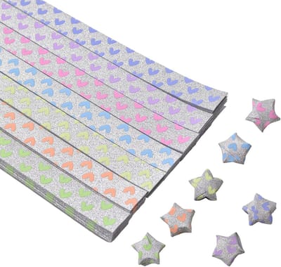 URROMA Ster Papier Strips, 360 stks Glitter Lichtgevende Lucky Star Origami Papier Vouwen Strips Perzik Hart Vier Blad Gras Kleine Engel Patroon Ambachten Vouwpapier Sterren DIY Arts