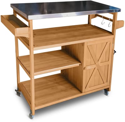 Coemo JAMES houten serveerwagen, keukeneilandwagen met vergrendelbare wielen, roestvrijstalen tafelblad, ook ideaal voor tuin, terras en barbecues 118 x 47 x 92 cm, Bruin