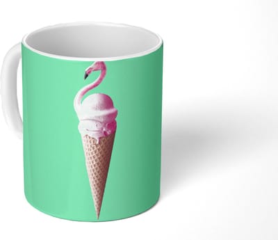 Mok - Koffiemok - IJshoorntjes - IJs - Flamingo - Roze - Groen - Mokken - 350 ML - Beker - Koffiemokken - Theemok