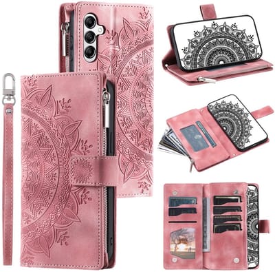 Telefoonhoesje geschikt voor Samsung Galaxy A37 5G - Portemonnee met rits - book-case hoesje - ruimte voor 7 pasjes - mandala bloemen roze