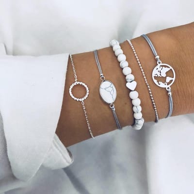 Stijlvolle, Ovalen Gebarsten Turkoois Vijfdelige Armband Kralen Kaart Cirkel Armband brown