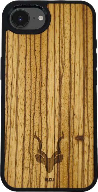 Kudu iPhone 16 e hoesje case - Houten backcover - Handgemaakt en afgewerkt met duurzaam TPU - Zebrano - Zwart