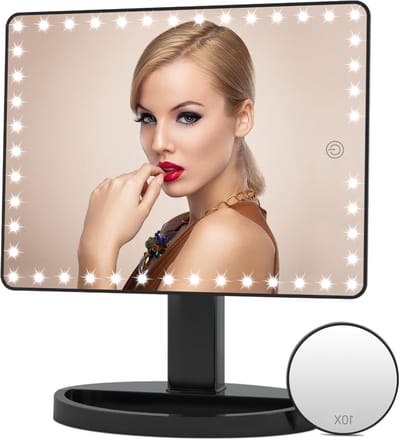 Oplaadbare Grote Make-up Spiegel met 45 LED Touchscreen Verlichting en 10-voudige Vergroting, 360° Draaibaar en Draadloos Gebruik