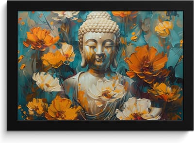 Poster in lijst - Fotolijst 30x20 cm - Posters - Buddha - Bloemen - Kleurrijk - Modern - Posterlijst zwart - Decoratie - Wanddecoratie woonkamer - Muurdecoratie slaapkamer