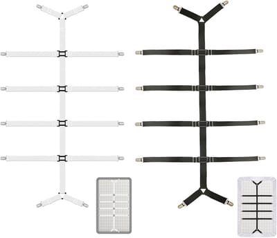 Set van 2 verstelbare elastische bedlakenspanners met 12 metalen clips, antislip en kreukvrije ondersteuning voor matrastoppers, beddengoed, tafelkleden, hoeslakens, tafelkleden, bankhoezen (zwart en wit) - Cyslmuk®