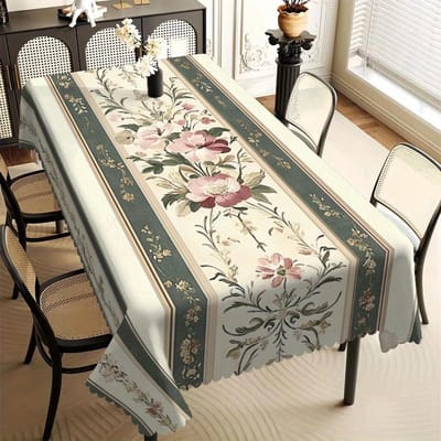 1 stuks Vintage Groen Gestreept Bloemen Tafelkleed, Golvende Rand Polyester Tafelhoes voor Eetkamer, Keuken & Woondecoratie 140x140cm