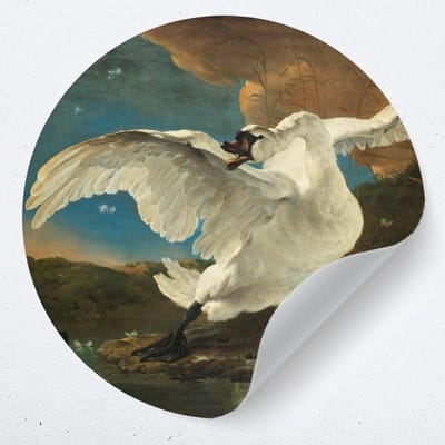 Muurcirkel "De bedreigde zwaan" | Zelfklevende behangcirkel | woonkamer muur decoratie accessoires | rond kunstwerk