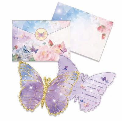 Uitnodigingen kinderfeestje + Enveloppen + stickers 12 stuks - Vlinderthema - Uitnodigingskaarten - Uitnodiging verjaardag - Uitnodigingen kinderfeestje Meisje