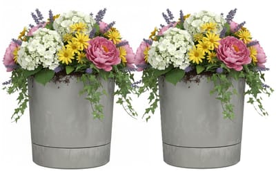 Mica Decorations Bloempot Coco - 2x - met onderschaal - betongrijs - H34 x D33 cm - kunststof - buiten