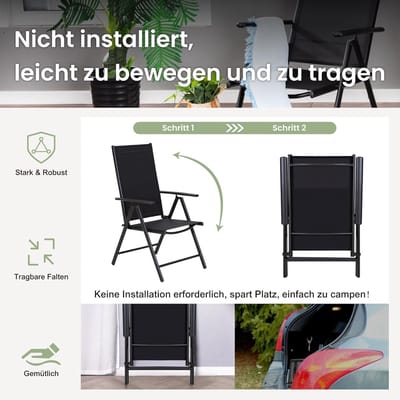 Tuinmeubelset 6 Personen 152x95x72 cm met 6 Verstelbare Tuinstoelen (7 Posities) Inklapbaar Weerbestendig Zwart Staal met Parasolgat 4 cm – Laura