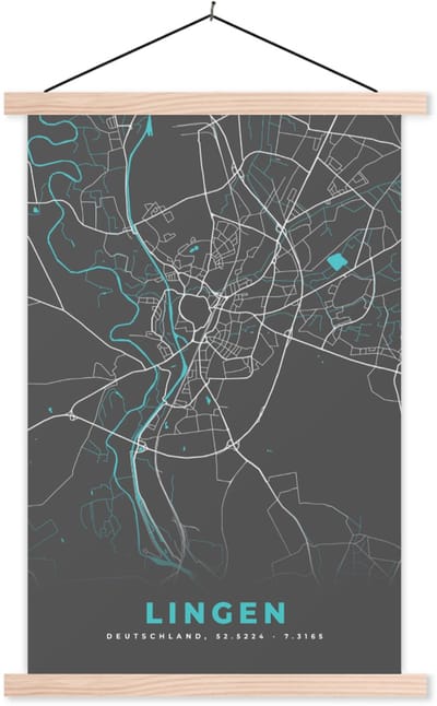 Posterhanger incl. Poster 120x180 cm - Schoolplaat - Stadskaart – Kaart – Lingen – Blauw – Duitsland – Plattegrond - Textielposter - Blanke latten - Stadskaart
