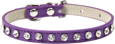 Katten - Halsbandje strass - Bling-Bling - Leder - Paars - Met kleine zirkonia steentjes (vast genageld) - Instelbaar van 15cm t/m 23cm - LET OP !!! : meet eerst de hals van uw huisdier of dit bandje past !