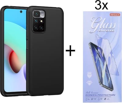 Hoesje Geschikt voor: Xiaomi Redmi 10 4G Silicone - Zwart + 3X Tempered Glass Screenprotector - ZT Accessoires