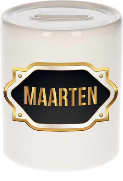 Spaarpot met voornaam Maarten - wit - met goud/zwart embleem - 8 x 9 cm - keramiek - met afsluitdop - cadeau verjaardag