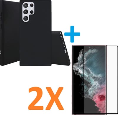 Silicone hoesje zwart met 2 Pack Tempered glas Screen Protector Geschikt voor: Samsung Galaxy S22 Ultra