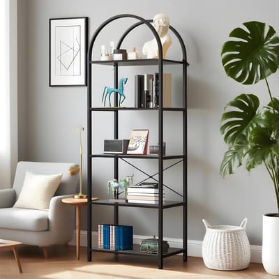 Gebogen kantoor Boekenkast- 5 planken-hoge kast van zwart metaal en rustiek hout- open ontwerp- stevige constructie-voor woonkamer- kantoor- slaapkamer of werkruimte