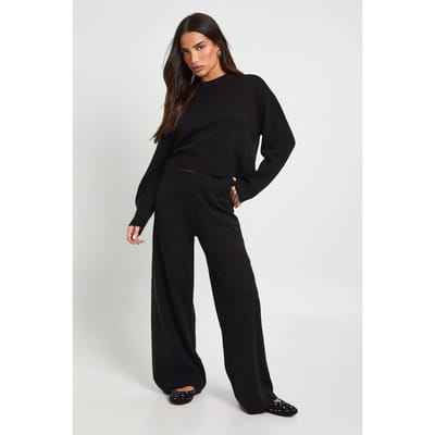 boohoo Dames Petite trui met ronde hals en wijde broek | Black | Maat: Large
