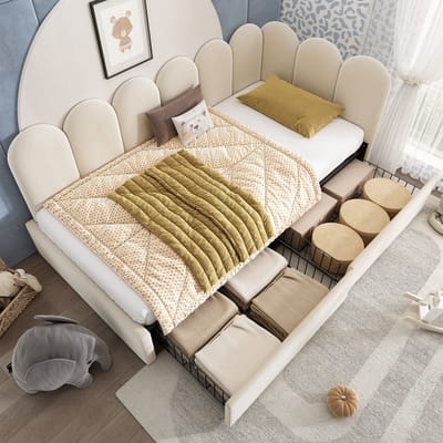 DESMIU Gestoffeerd Bed 90x190cm – Bed Met Opberglades – Omkeerbaar L-vormig Design – Voor Jeugd- En Gastenkamer – Fluweel – Beige – Zonder Matras