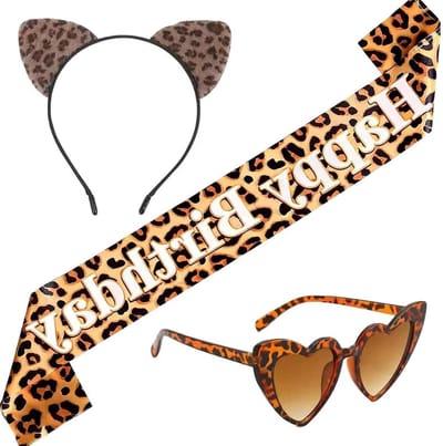 Verjaardagsdecoraties voor Vrouwen met Luipaard Print - 3-delige Set met Sjerp, Hoofdband en Zonnebril voor Feestelijke Kostuums en Meisjesverjaardagen