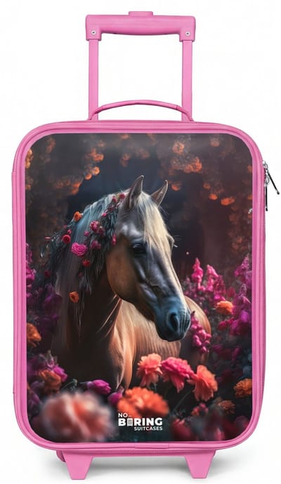 NoBoringSuitcases.com® - Kinderkoffer roze - Kindertrolley meisje - Goudbruin paard tussen de bloemen - Koffer kind lichtgewicht - Reiskoffer trolley voor kinderen - Koffertje met lichtgevende wieltjes - Rolkoffer