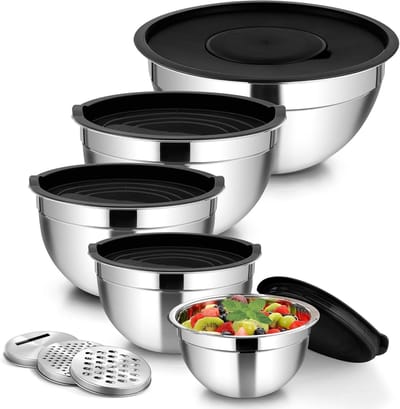 Mixkommen Set van 5 Stuks van RVS met Luchtdichte Deksel en Raspaccessoires voor Salades en Gerechten, Stapelbaar en Vaatwasmachinebestendig, Ideaal voor Koken en Bakken