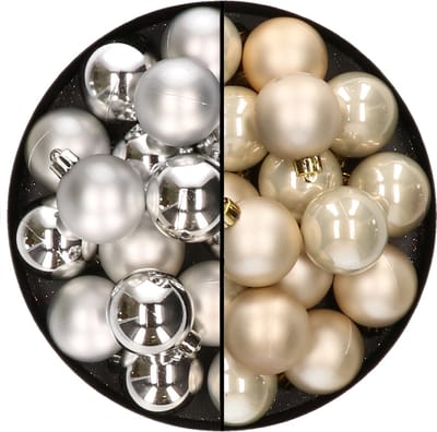32x stuks kunststof kerstballen mix van zilver en champagne 4 cm - Kerstversiering
