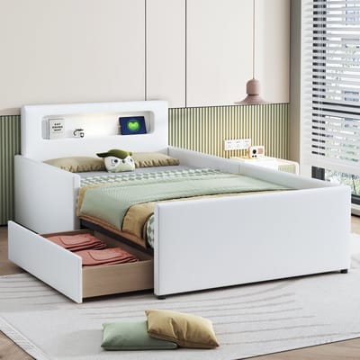 DESMIU Gestoffeerd Kinderbed 90x200 cm - Kinderbed Met Usb Oplaadpunt en Nachtlamp - Opberglades - Voor Kinderkamer - Kunstleer - Wit - Zonder Matras
