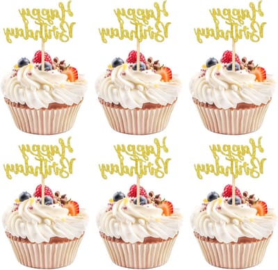 Cupcake toppers - 30 stuks - glitter goud - voor verjaardagstaart decoratie - ShopVlot