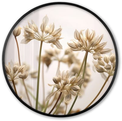 Poster in lijst Rond - Fotolijst 60x60 cm - Posters - Droogbloemen - Beige - Wit - Planten - Ronde posterlijst zwart - Decoratie - Wanddecoratie woonkamer - Muurdecoratie slaapkamer