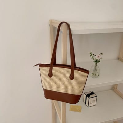 Zomer Koreaanse Ins Nieuwe Niche Retro Textuur Onderarmtas Stro Weven Tas Eenvoudige Tote Tas Dames brown