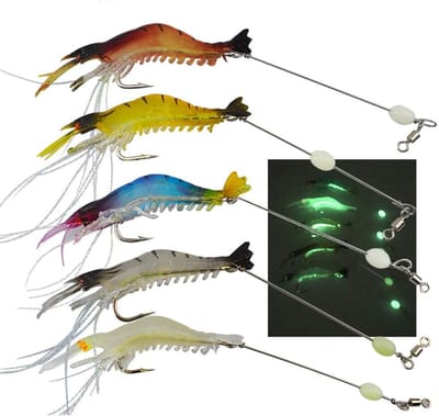 Thijox - Senven Kunstaas Garnalen - Luminous Bionic Shrimp Vishaak - Zacht Vissaas met 5 Stuks in Geel, Blauw, Rood, Wit en Licht - Perfect voor Buite